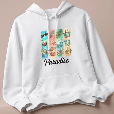 Colorful watercolor shirt featuring tropical beach elements with the word Paradise — printed on a unisex hoodie