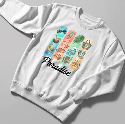 Colorful watercolor shirt featuring tropical beach elements with the word Paradise — printed on a unisex sweatshirt
