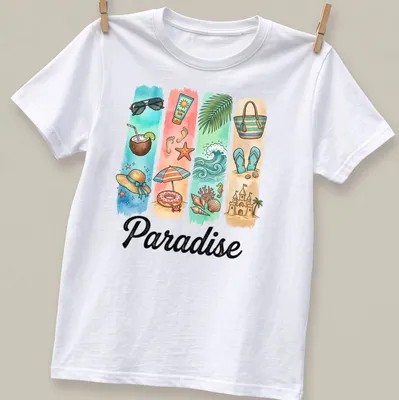 Colorful watercolor shirt featuring tropical beach elements with the word Paradise