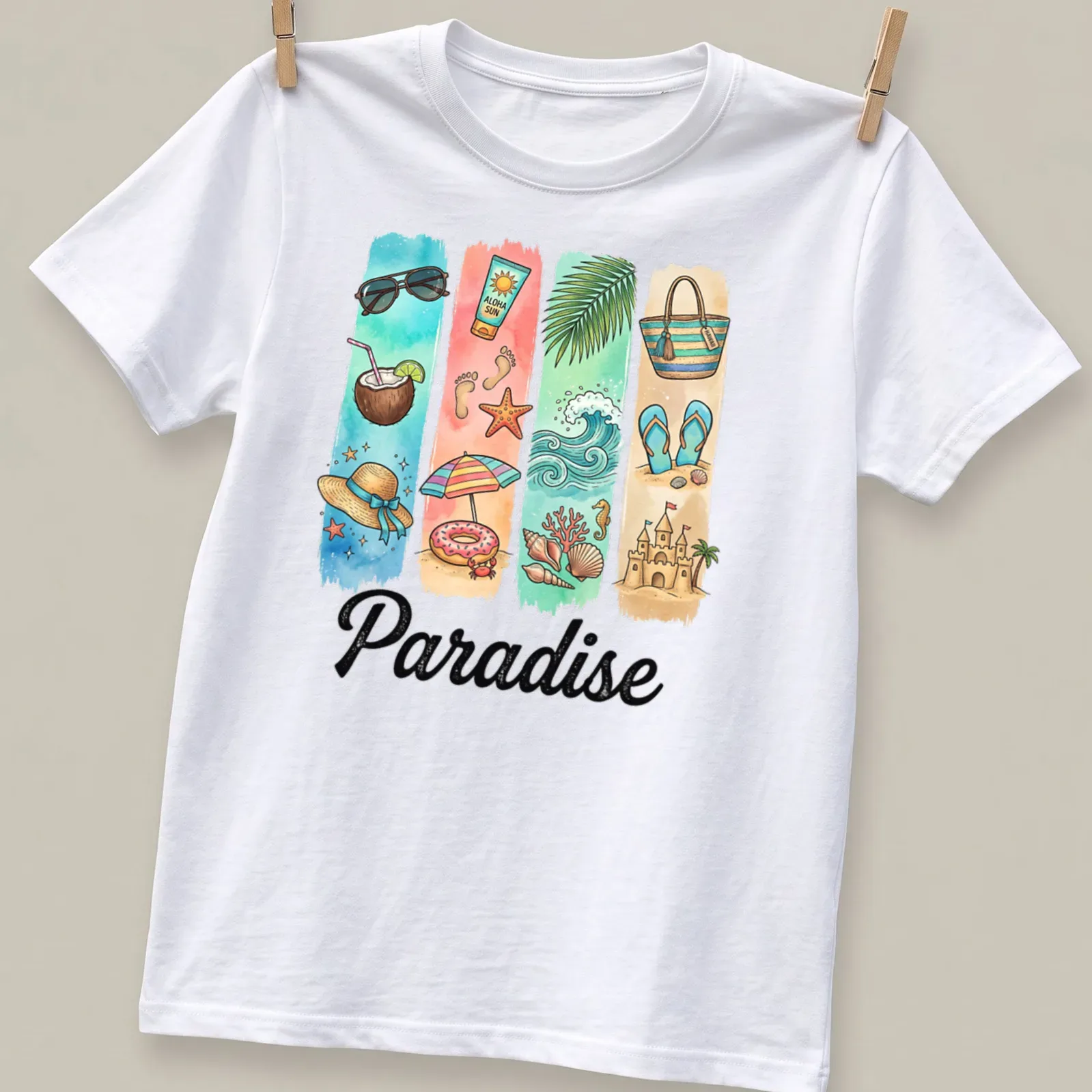 Colorful watercolor shirt featuring tropical beach elements with the word Paradise — printed on a unisex t-shirt