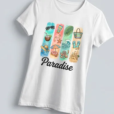 Colorful watercolor shirt featuring tropical beach elements with the word Paradise — printed on a women's shirt
