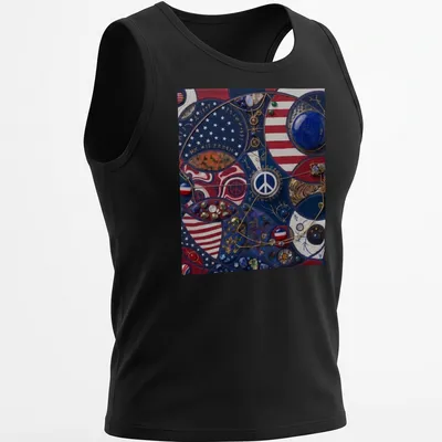 Mixed media T-shirt featuring a bold peace sign and the word 'Peace' in red, blue, white, gold, and black. — printed on a tank top