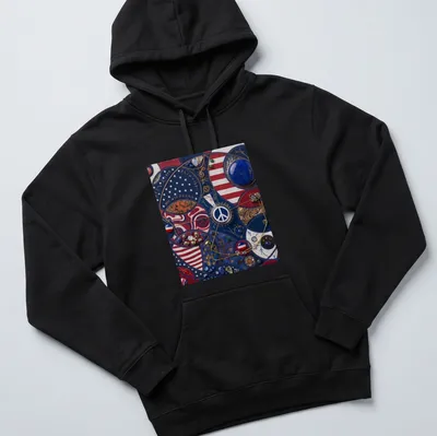 Mixed media T-shirt featuring a bold peace sign and the word 'Peace' in red, blue, white, gold, and black. — printed on a unisex hoodie