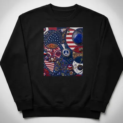 Mixed media T-shirt featuring a bold peace sign and the word 'Peace' in red, blue, white, gold, and black. — printed on a unisex sweatshirt