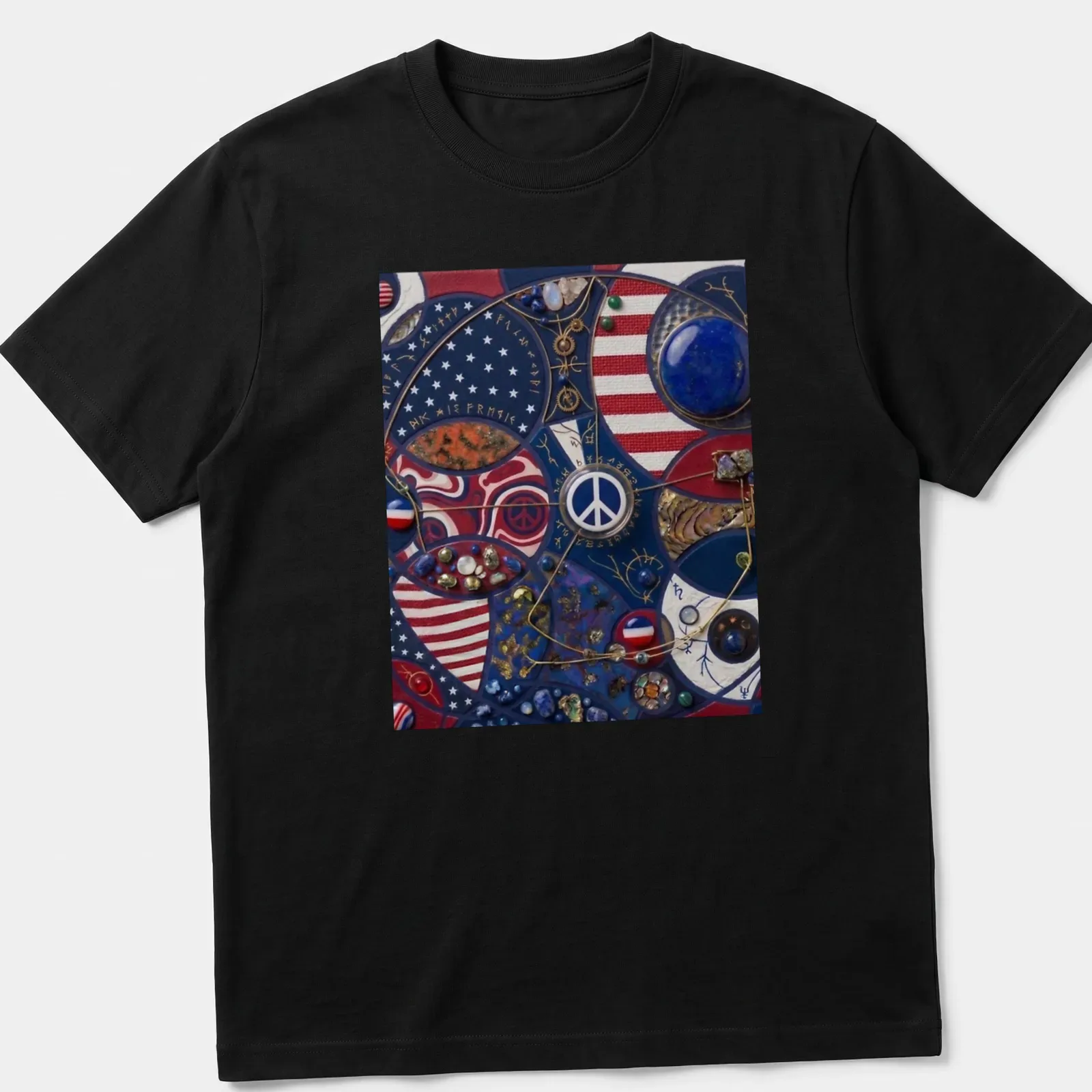 Mixed media T-shirt featuring a bold peace sign and the word 'Peace' in red, blue, white, gold, and black. — printed on a unisex t-shirt