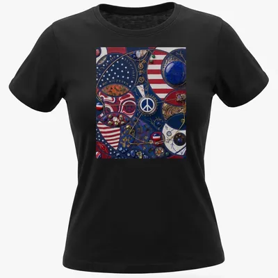 Mixed media T-shirt featuring a bold peace sign and the word 'Peace' in red, blue, white, gold, and black. — printed on a women's shirt