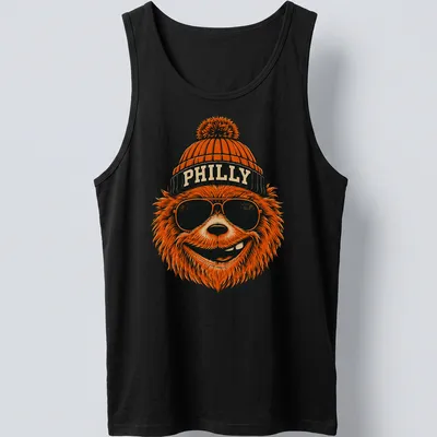 Retro bear wearing sunglasses and a beanie with PHILLY text on a — printed on a tank top