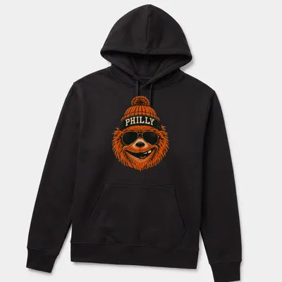 Retro bear wearing sunglasses and a beanie with PHILLY text on a — printed on a unisex hoodie