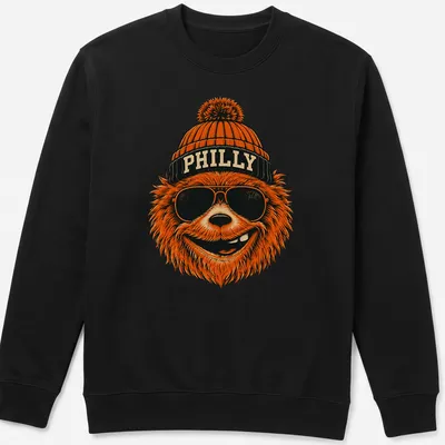 Retro bear wearing sunglasses and a beanie with PHILLY text on a — printed on a unisex sweatshirt