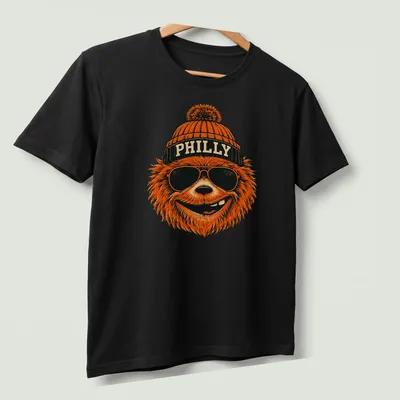 Retro bear wearing sunglasses and a beanie with PHILLY text on a — printed on a unisex t-shirt (angled view)