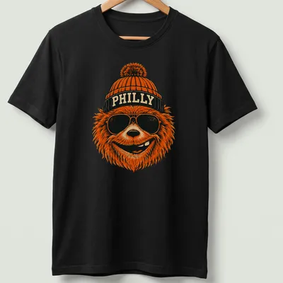 Retro bear wearing sunglasses and a beanie with PHILLY text on a — printed on a unisex t-shirt