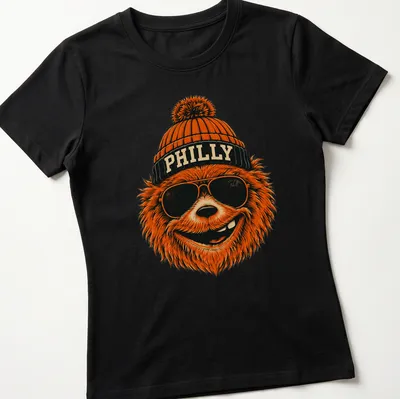 Retro bear wearing sunglasses and a beanie with PHILLY text on a — printed on a women's shirt