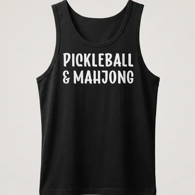 Bold typography design featuring pickleball and mahjong text in white — printed on a tank top