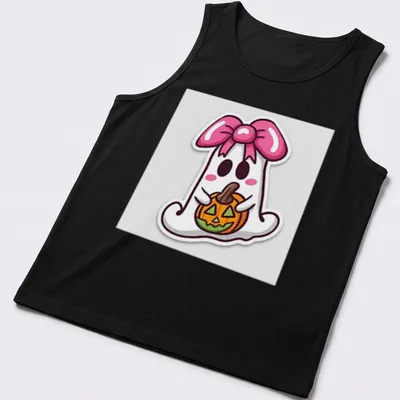 Kawaii ghost with a pink bow holding a pumpkin in bright colors — printed on a tank top