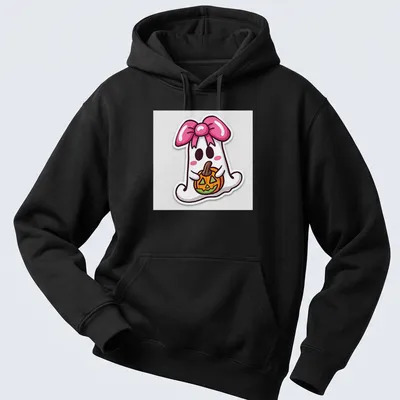 Kawaii ghost with a pink bow holding a pumpkin in bright colors — printed on a unisex hoodie