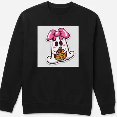 Kawaii ghost with a pink bow holding a pumpkin in bright colors — printed on a unisex sweatshirt