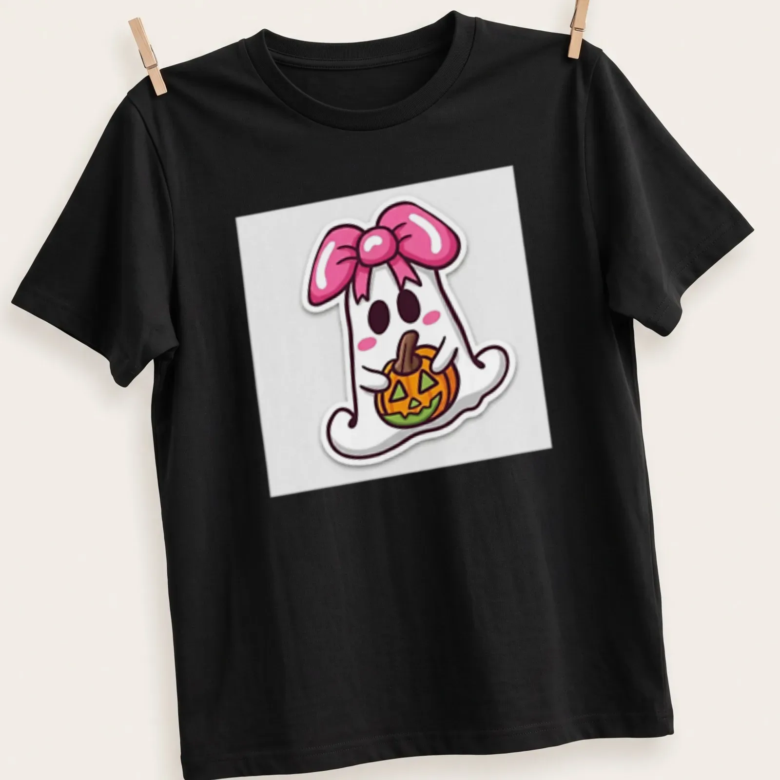 Kawaii ghost with a pink bow holding a pumpkin in bright colors — printed on a unisex t-shirt