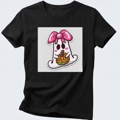 Kawaii ghost with a pink bow holding a pumpkin in bright colors — printed on a women's shirt