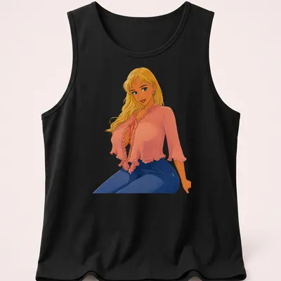 Retro cartoon blonde pin-up character design in pink, blue, yellow, and peach — printed on a tank top