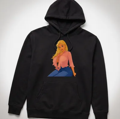 Retro cartoon blonde pin-up character design in pink, blue, yellow, and peach — printed on a unisex hoodie