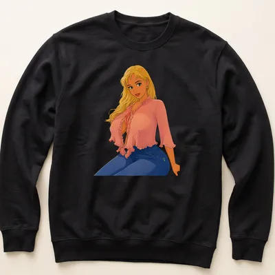 Retro cartoon blonde pin-up character design in pink, blue, yellow, and peach — printed on a unisex sweatshirt