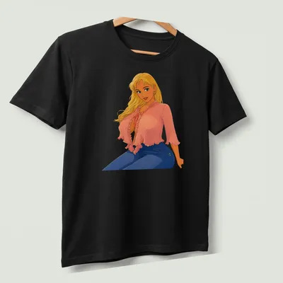 Retro cartoon blonde pin-up character design in pink, blue, yellow, and peach — printed on a unisex t-shirt (angled view)
