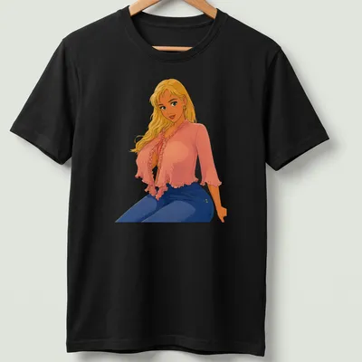 Retro cartoon blonde pin-up character design in pink, blue, yellow, and peach