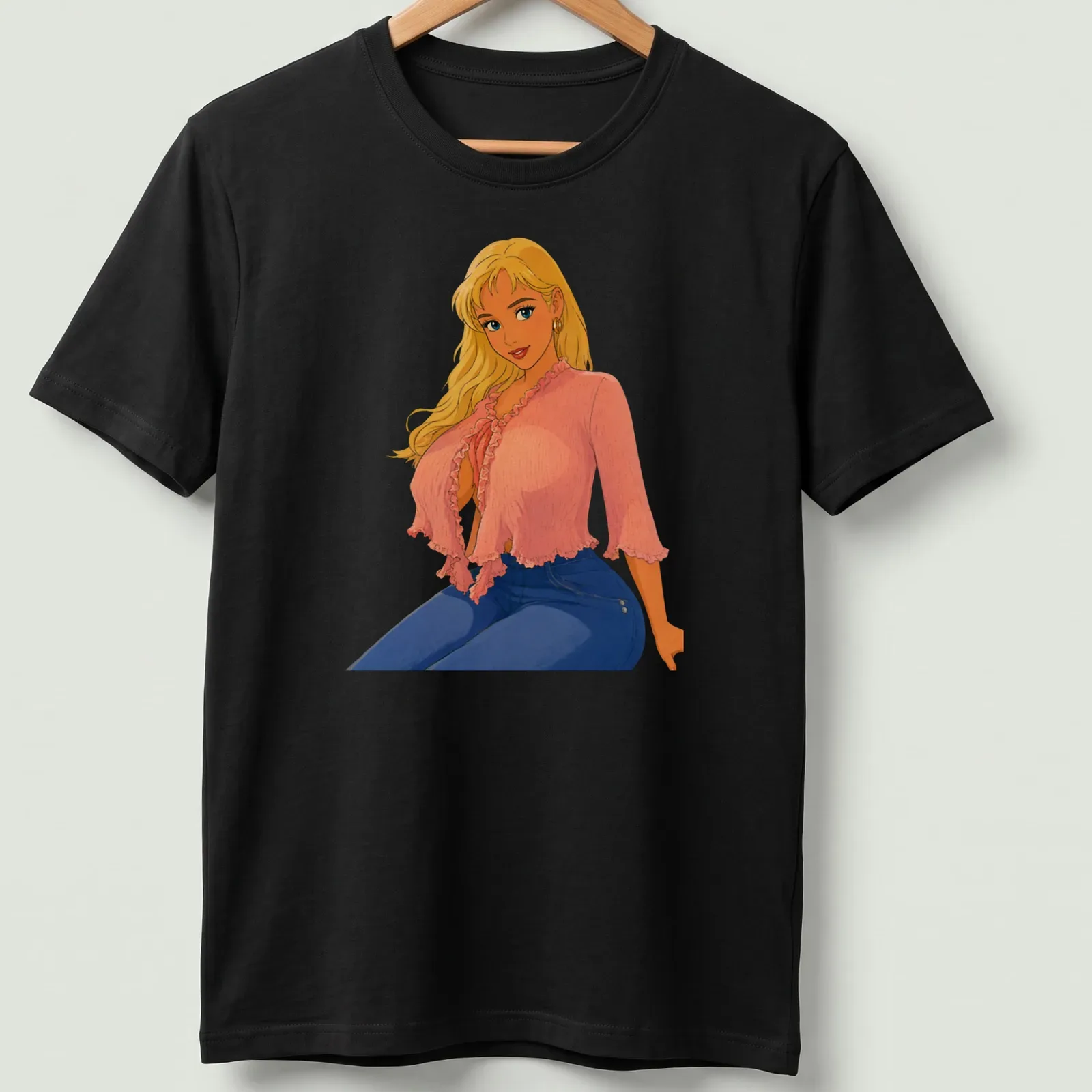 Retro cartoon blonde pin-up character design in pink, blue, yellow, and peach — printed on a unisex t-shirt