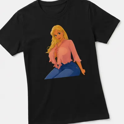 Retro cartoon blonde pin-up character design in pink, blue, yellow, and peach — printed on a women's shirt