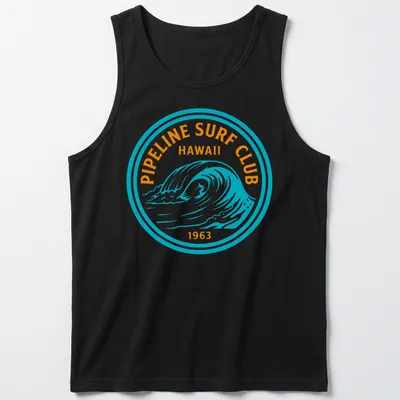 Circular badge design with wave graphic and text for Pipeline Surf Club Hawaii 1963 — printed on a tank top