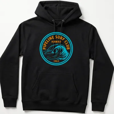 Circular badge design with wave graphic and text for Pipeline Surf Club Hawaii 1963 — printed on a unisex hoodie