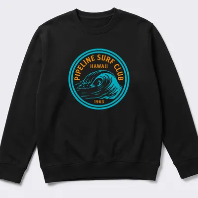 Circular badge design with wave graphic and text for Pipeline Surf Club Hawaii 1963 — printed on a unisex sweatshirt