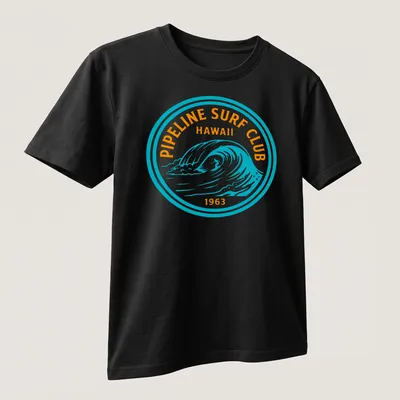 Circular badge design with wave graphic and text for Pipeline Surf Club Hawaii 1963 — printed on a unisex t-shirt (angled view)
