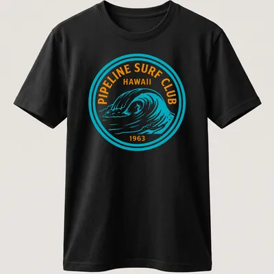 Circular badge design with wave graphic and text for Pipeline Surf Club Hawaii 1963 — printed on a unisex t-shirt