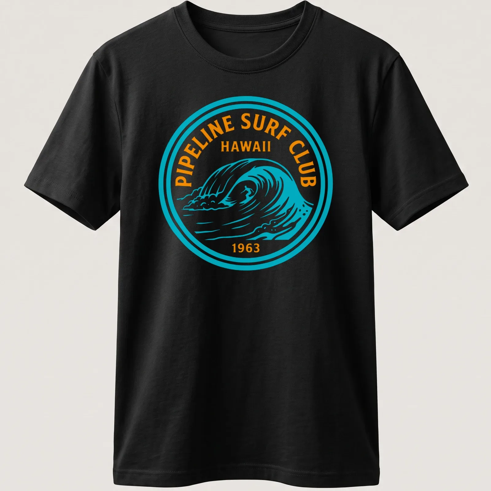 Circular badge design with wave graphic and text for Pipeline Surf Club Hawaii 1963 — printed on a unisex t-shirt