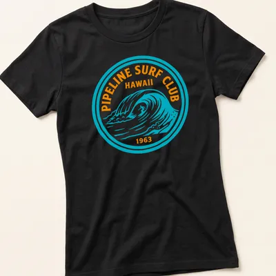 Circular badge design with wave graphic and text for Pipeline Surf Club Hawaii 1963 — printed on a women's shirt