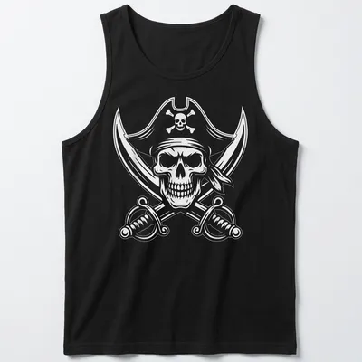 Detailed black and white illustration of a pirate skull and crossbones — printed on a tank top