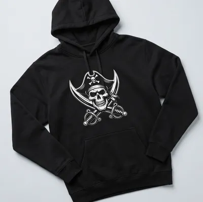 Detailed black and white illustration of a pirate skull and crossbones — printed on a unisex hoodie