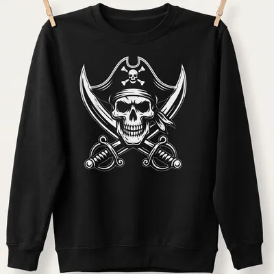 Detailed black and white illustration of a pirate skull and crossbones — printed on a unisex sweatshirt