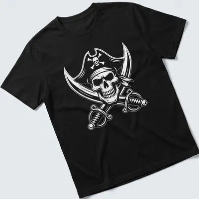 Detailed black and white illustration of a pirate skull and crossbones