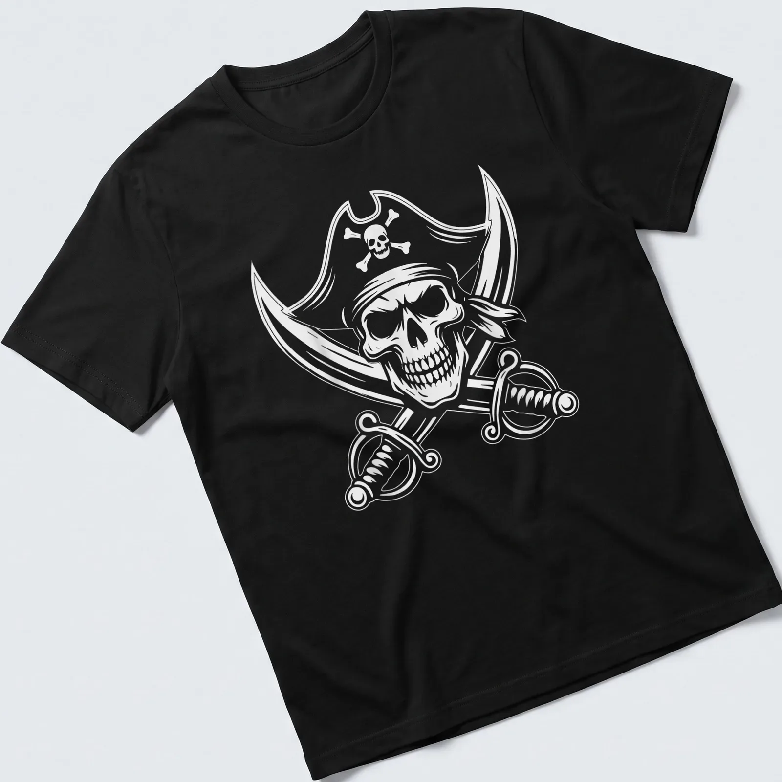 Detailed black and white illustration of a pirate skull and crossbones — printed on a unisex t-shirt