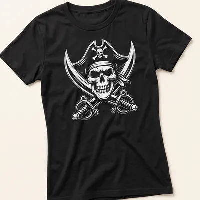 Detailed black and white illustration of a pirate skull and crossbones — printed on a women's shirt