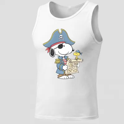 Cartoon Snoopy and Woodstock dressed as pirates with a treasure map — printed on a tank top