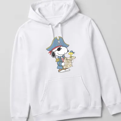 Cartoon Snoopy and Woodstock dressed as pirates with a treasure map — printed on a unisex hoodie
