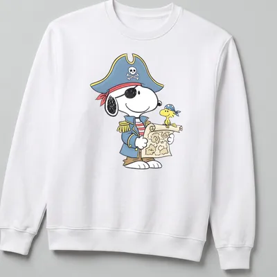 Cartoon Snoopy and Woodstock dressed as pirates with a treasure map — printed on a unisex sweatshirt