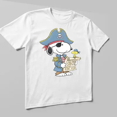 Cartoon Snoopy and Woodstock dressed as pirates with a treasure map — printed on a unisex t-shirt (angled view)