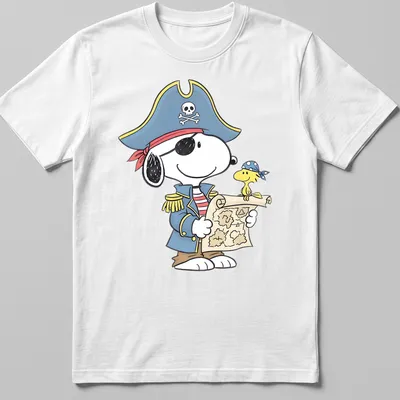 Cartoon Snoopy and Woodstock dressed as pirates with a treasure map