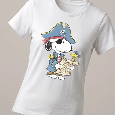 Cartoon Snoopy and Woodstock dressed as pirates with a treasure map — printed on a women's shirt
