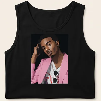Vector art illustration of Playboi Carty in pink, black, and white — printed on a tank top