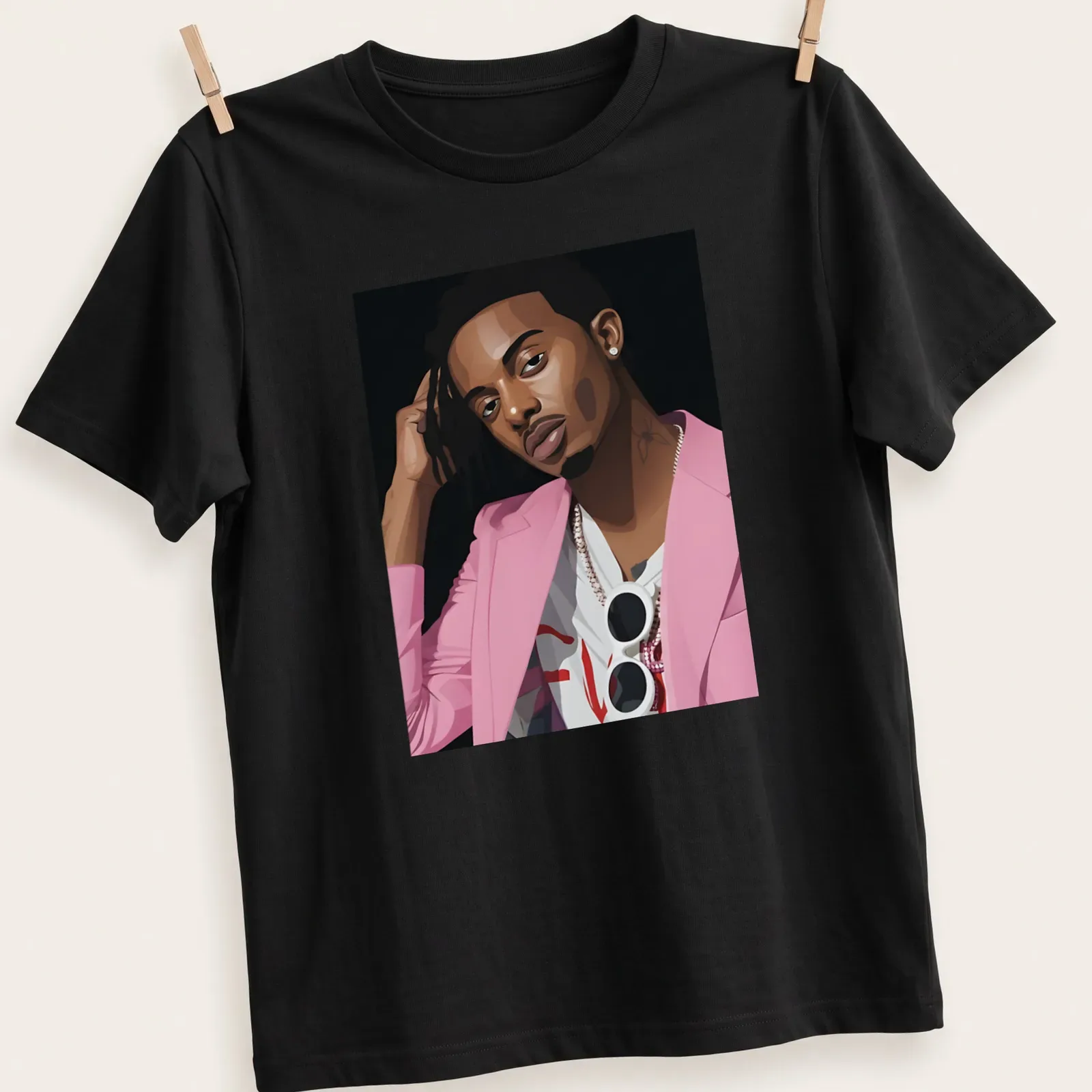 Vector art illustration of Playboi Carty in pink, black, and white — printed on a unisex t-shirt